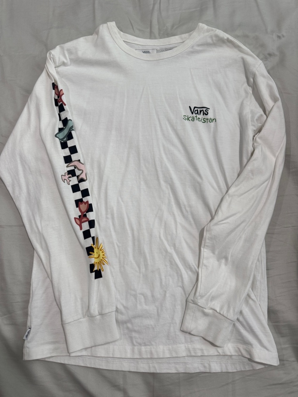 Vans White Long Sleeve Tee with Checker Stripe and Colorful Sleeve Graphics